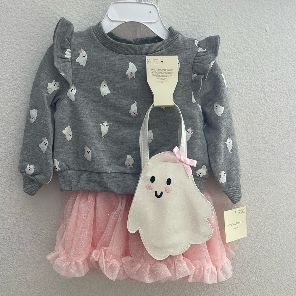 Cynthia Rowley Halloween Pink Tulle Skirt ~ Gray Ghost Sweatshirt 12 Months NWT